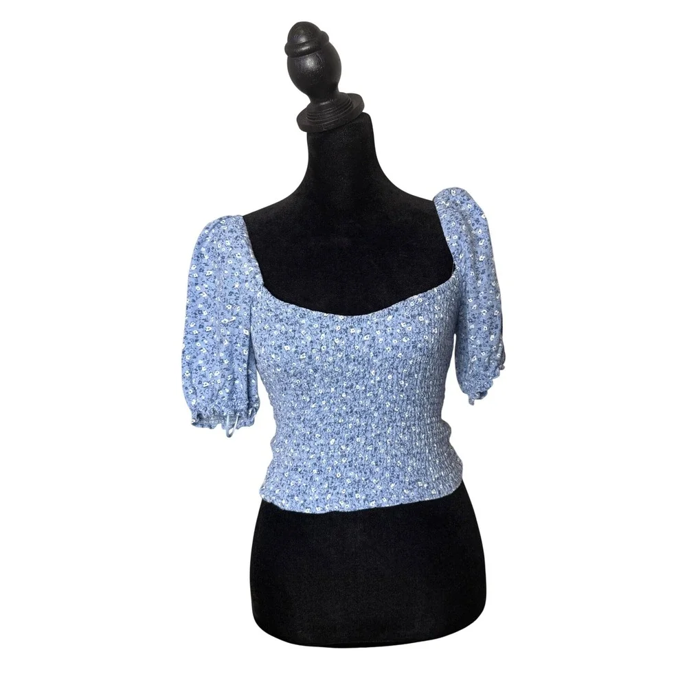 Abercrombie & Fitch Blue Ditsy Floral Print Smocked Puff Sleeve Crop Top XS